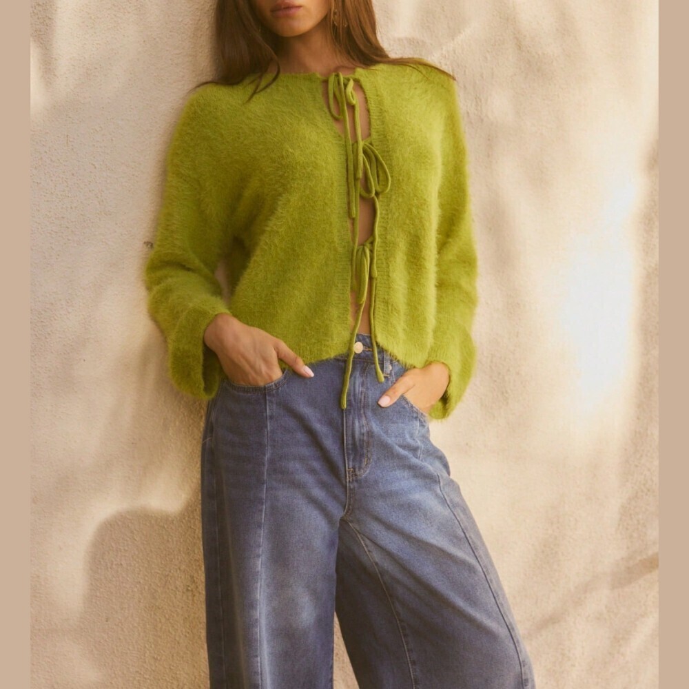Lime Green Fuzzy Knit Tie Front Cropped Boxy Fit Cardigan